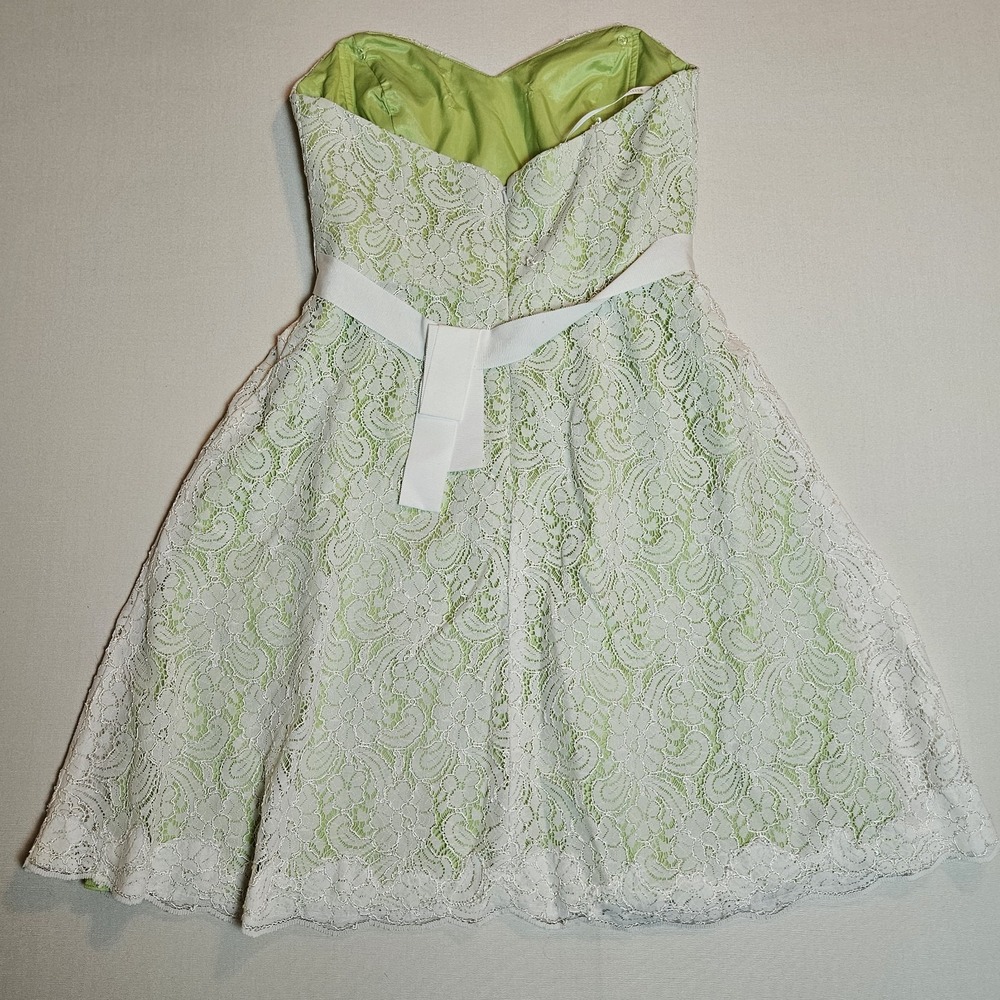 Watters & Watters Strapless Lace Dress Green‎ Lined White Overlay Size 12 Formal - Picture 5 of 9